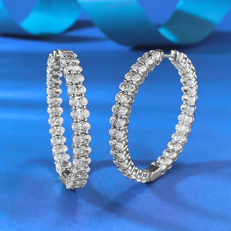 

S925 Luxurious Full Diamond Oval Pigeon Egg Row Hoop Earrings Rhodium Plated Zircon Cross-Border Style
