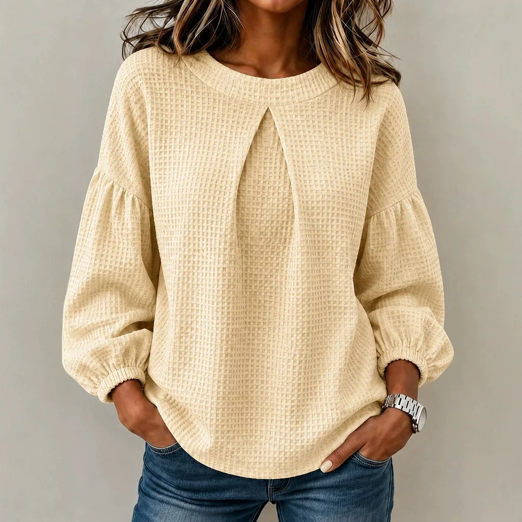Women Sweater 2026 Autumn Winter New Waffle Knit Top For Women Splicing Lantern Sleeve Blouse Minimalist Sleeve Sweater