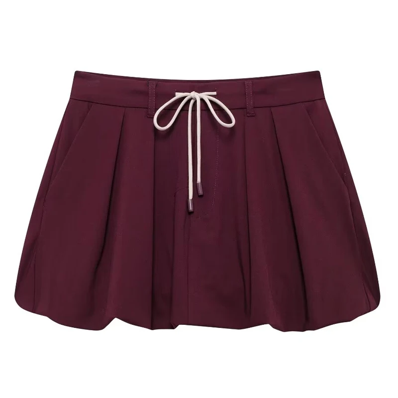 HXAO Women 2024 Burgundy Skirt Set Autumn Long Sleeve Jacket Set Women\'s Suits Mini Bow Lantern Skirt Sets Korean Style Outfits