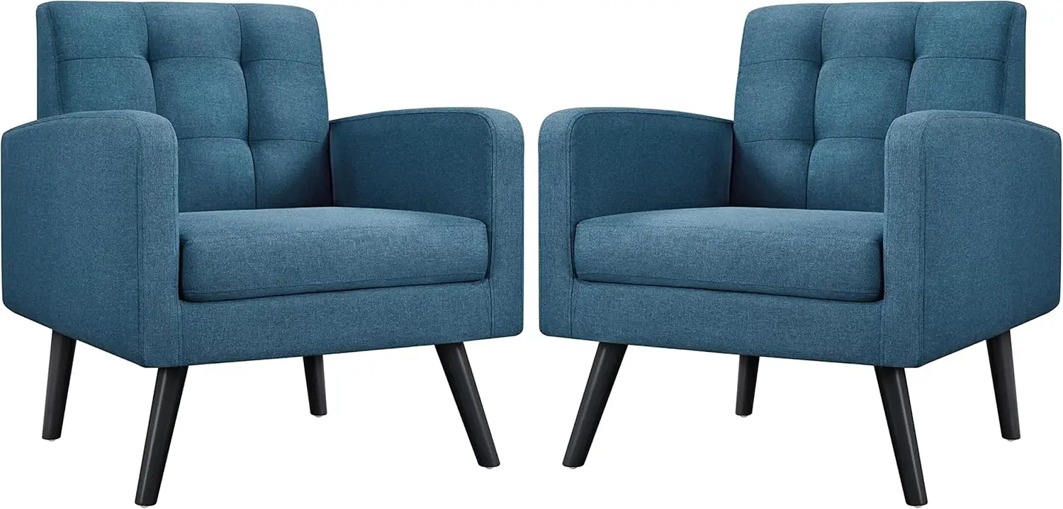 

Mid-Century Accent Chairs, Modern Button Tufted Armchair with Wood Legs, Set of 2, Navy Blue