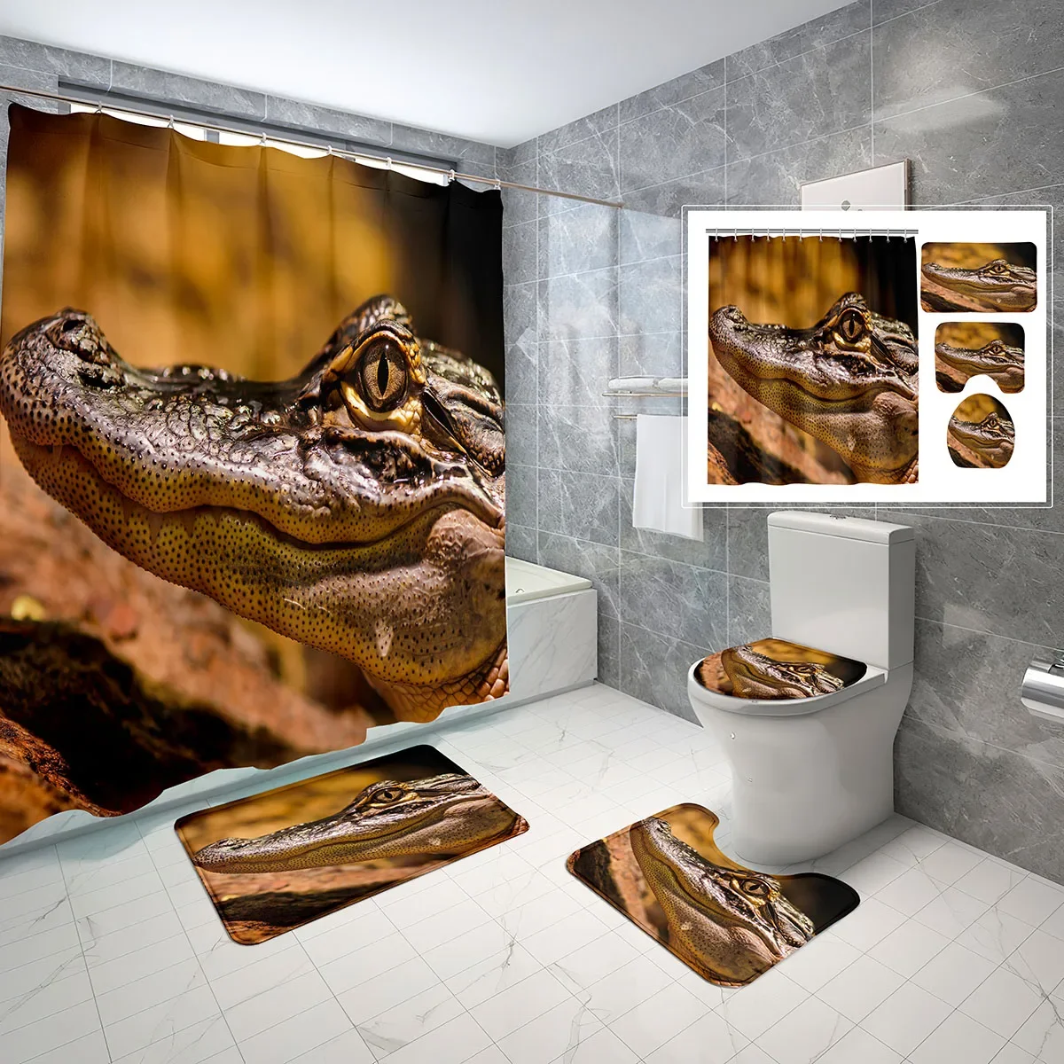 4 Pcs Crocodiles Shower Curtain Sets with Non-Slip Rugs Mat Toilet Lid Cover Nature Animals Waterproof Shower Curtains Set