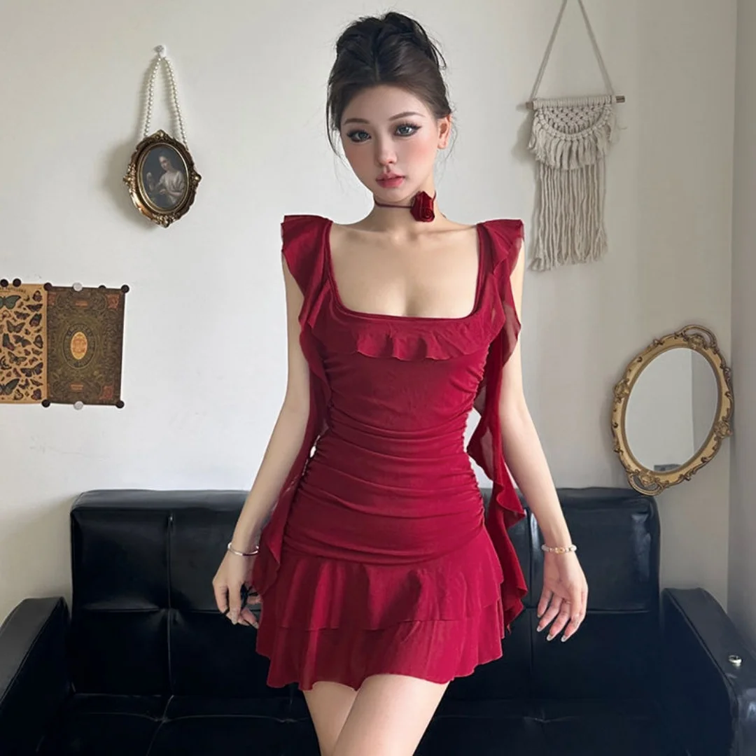 Women Square Neck Ruffle Trim Ruched Side Waist Asymmetric Flowy Strap Tiered Layered Hem Slim Fit Bodycon Mini Dress Summer