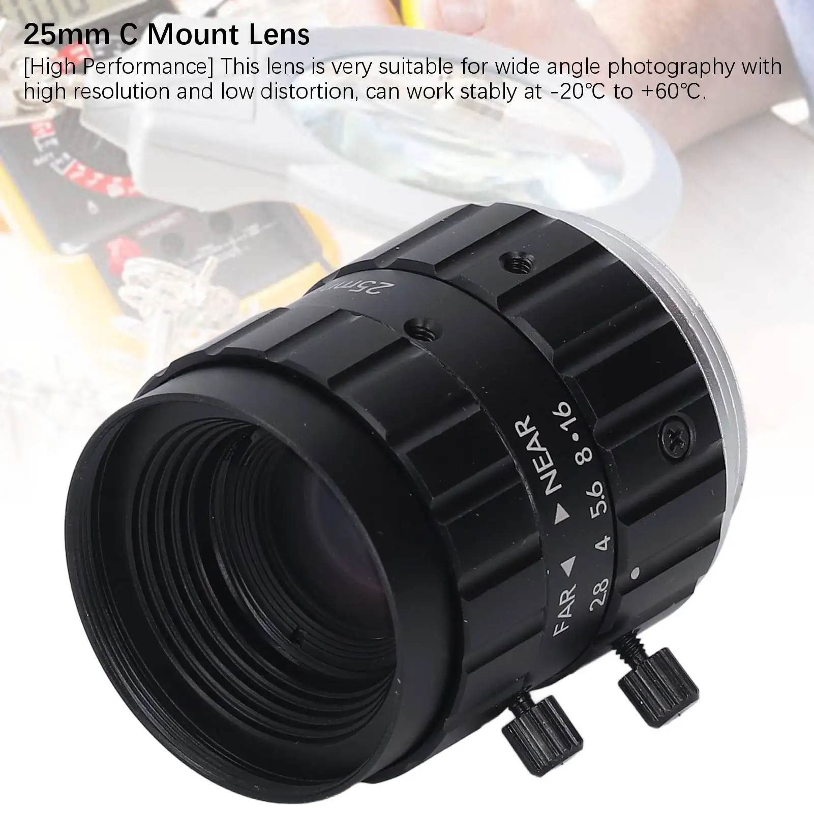 Lente de 25mm F2.8, lente de montaje C, 12MP, 2/3, 25mm de longitud F2.8, apertura de alta resolución, baja distorsión, lente Industrial gran angular