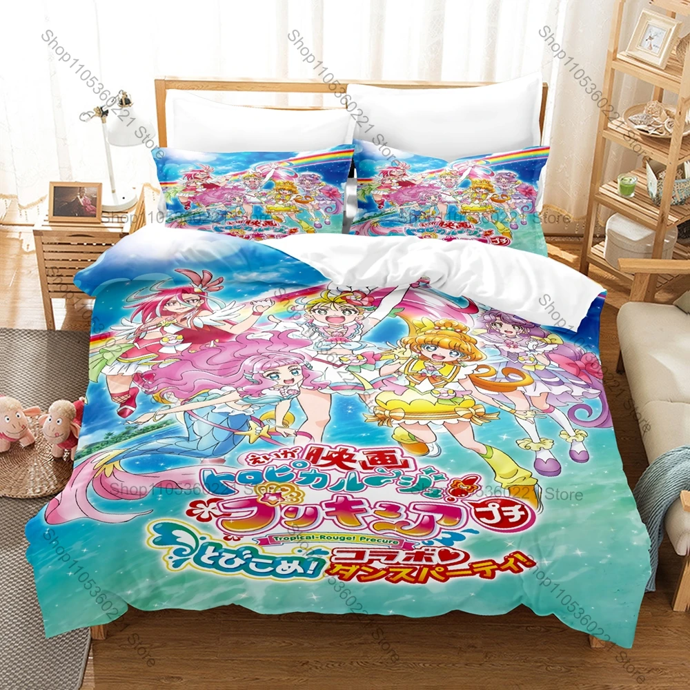 Personality Pretty Cure Anime Bedding Set New Pink Sweet Style Printed Duvet Cover Bed Set For Girls Kids Room Decoration