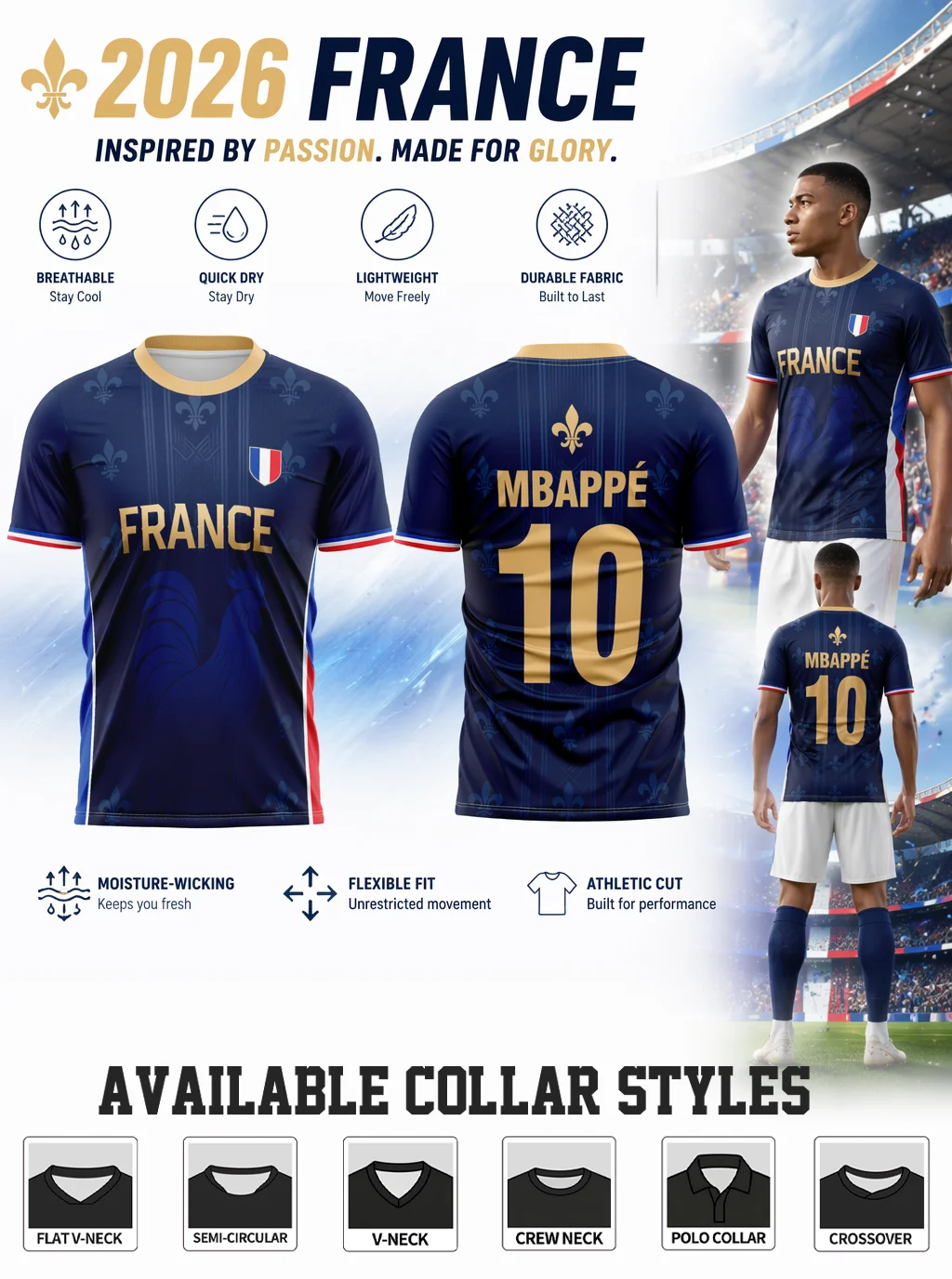 France fan soccer jersey, all‑over fleur‑de‑lis print, tricolor side stripe, comfy loose cut, six collar options