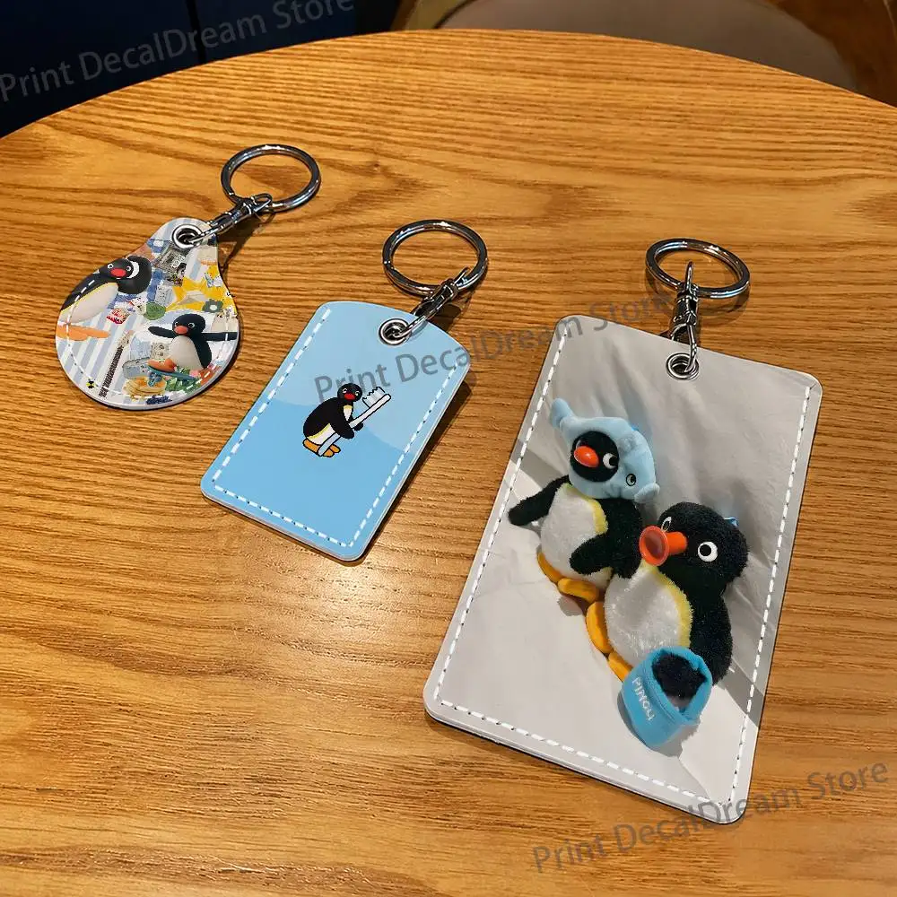 Cute P-Pingu PU Leather Card Holder Keychain Key Ring Door Lock Access Tag ID Access Card Air Tag Case Keychain Card