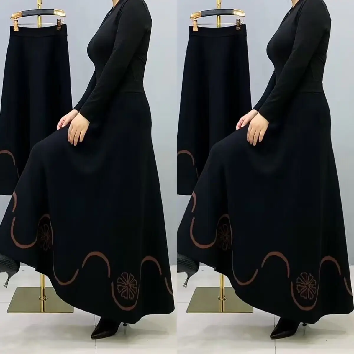 

Утолщенная тонкая вязаная юбка с увеличенной драпировкой, женская зимняя зимняя юбка с вышивкой для мамы, зимняя юбка с высокой талией, длинная юбка кофейного цвета