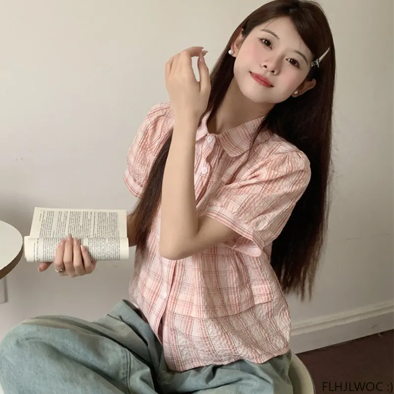 Cute Chic Peter Pan Collar Tops Women Summer Korea Japan Preppy Style Girls Baby Shirt Design Short Plaid Blouses Vintage