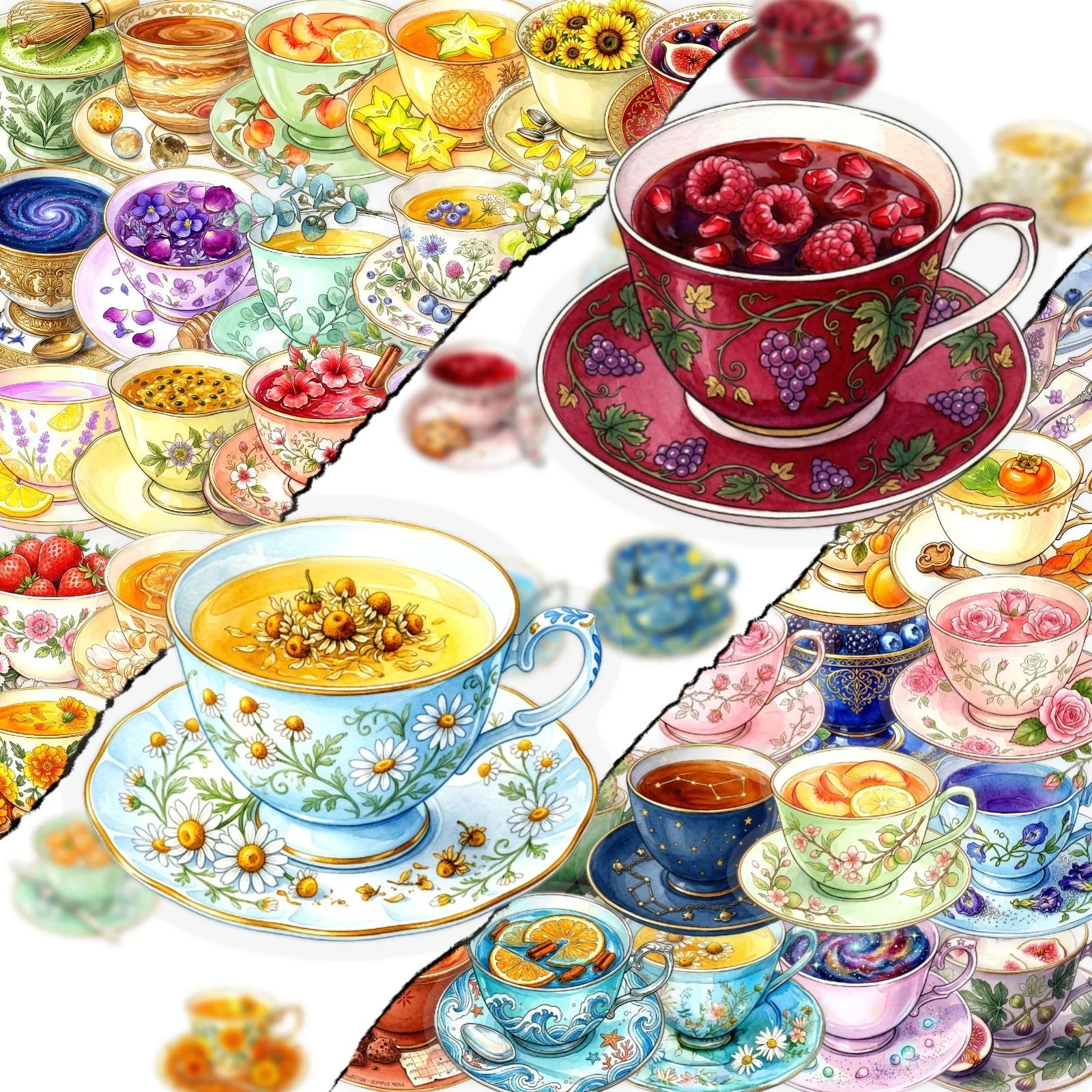 50Pcs Transparent PET Tea Cup Stickers Cozy Floral Drink Aesthetic Stickers for Journal Scrapbook Laptop & DIY Craft
