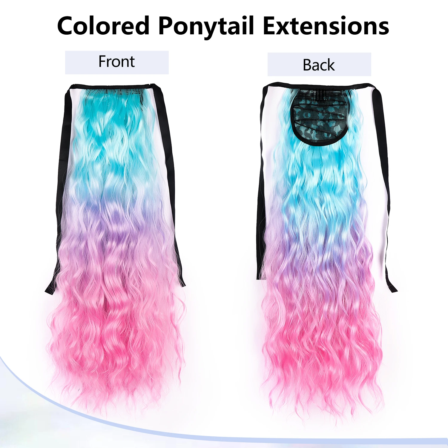 Synthetic Colored Ponytail Extensions Blue Purple Pink Ombre Color Water Wave Pony Tail Hairpieces for Women Girls Daily Party