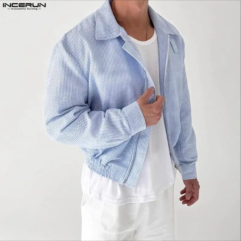 

INCERUN Men Striped Jackets Lapel Long Sleeve Zipper Casual Male Thin Coats Streetwear Loose Spring Autumn Fashion Jackets Men