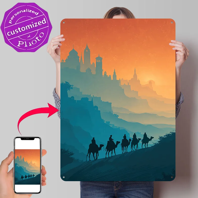 Caravan in a Desert Landscape 3D Printed Texture Poster Personalized Wall Art Retro Metal Tin Signs for Gaming Room Decoration