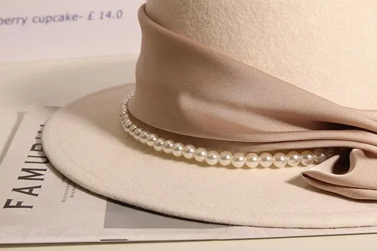 Herbst-Winter Französischer Leichter Luxus Perlen-Schleife Filz Flat-Top Formeller Hut Eleganter Britischer Stil Damenhut für Alltag Party Dating – Detail 15