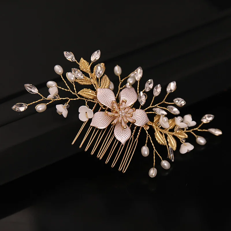 Wedding Gold Flower Hair Comb Sweet Pearl Hair Styling Tool Accessories for Birthday Stage Party Hairstyle Making