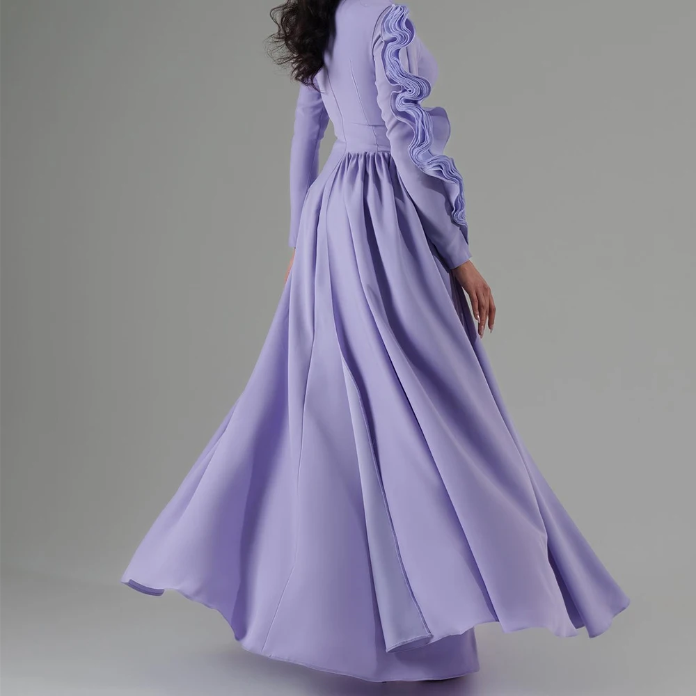 Customized Modern Pleats Crew Neck Long Sleeves Jersey Evening Dress Temperament A-Line Zipper Back Photo Color Party Gown
