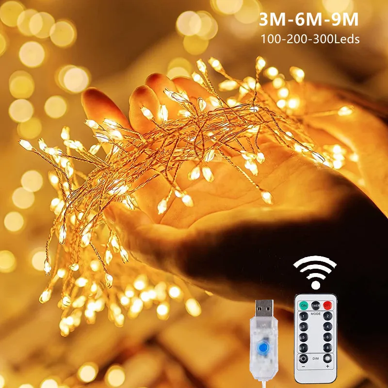 USB LED Firecracker String Lights Outdoor Garden Fairy Lights 8 Modes Copper Wire LED Lights for Wedding Party Christmas Decor