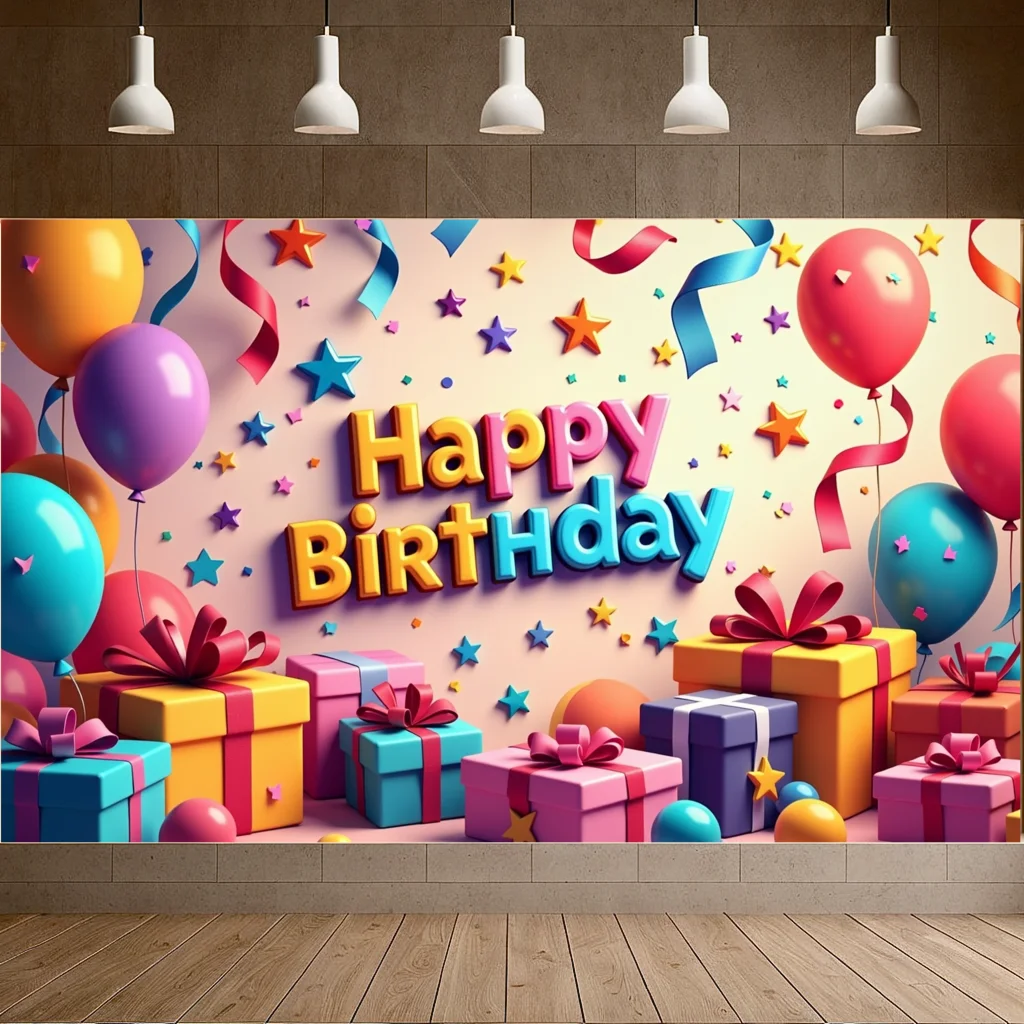 Banner de fondo para fiesta de cumpleaños, globos coloridos, regalos y decoraciones para celebración, evento, fotomatón, decoración de pared para fiesta infantil