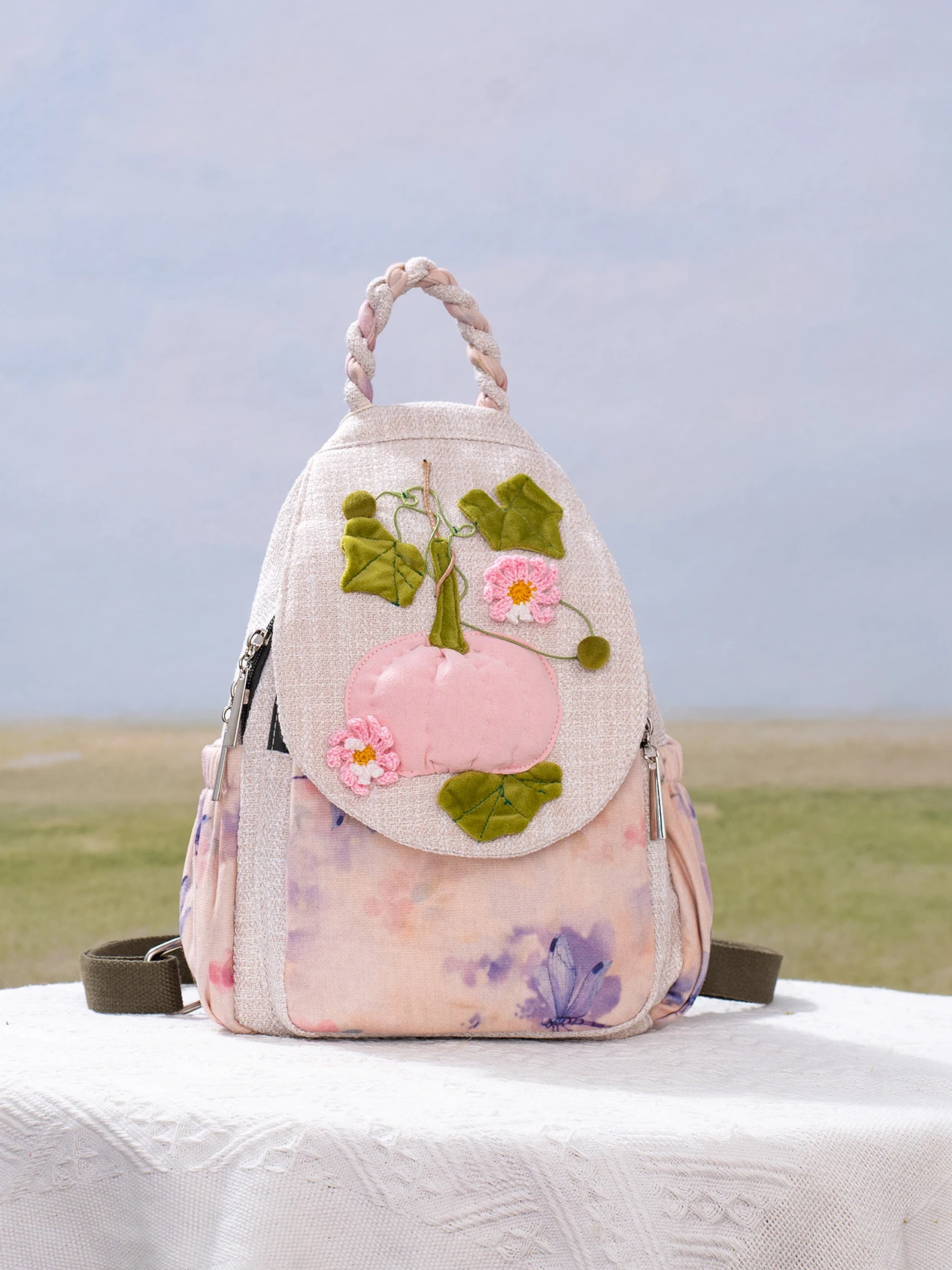 delicate-pink-purple-dyed-backpack-large-capacity-handmade-3d-pumpkin-leaf-fabric-versatile-lightweight-bag-for-commuting
