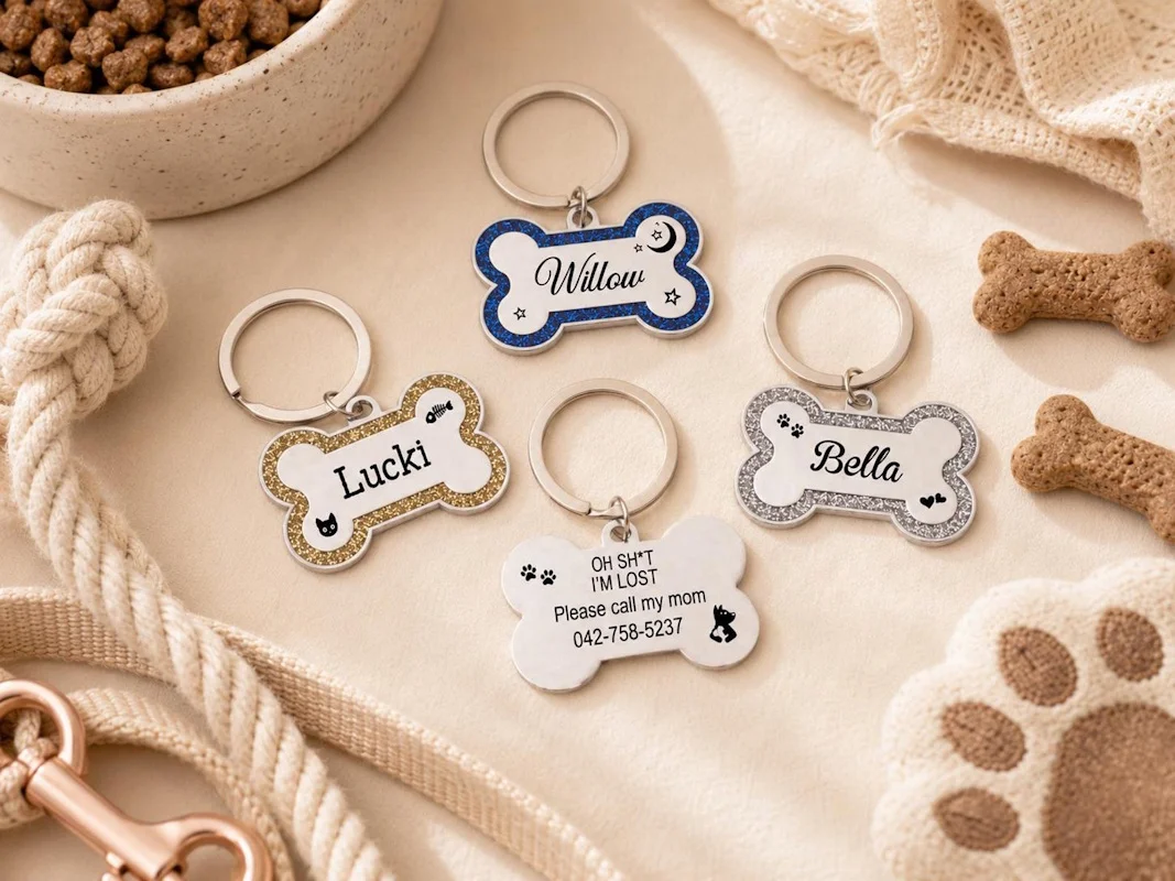 Personalised Bone-Shaped Pet ID Tag, Laser-Engraved with Name and Phone Number Glitter Border Dog Collar Tag Custom Pet Name Tag