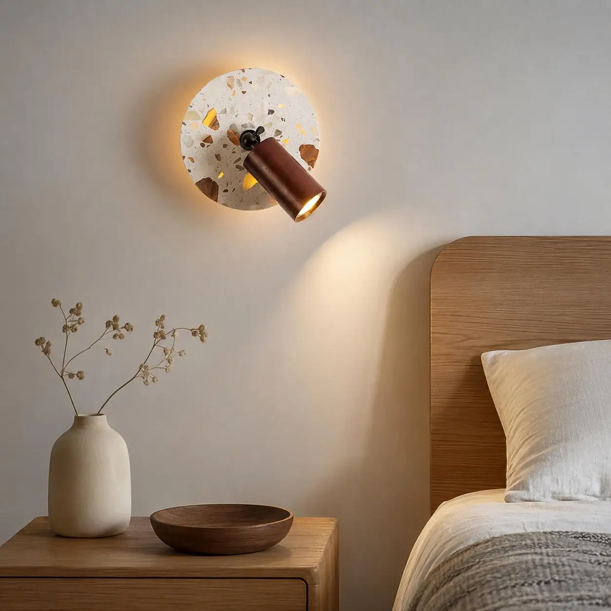 

Wabi-Sabi Wall Sconce Terrazzo & Walnut Wood Bedroom Light Pull Chain Switch Eye-Care Warm White D20/30cm for Living Room Hallwa