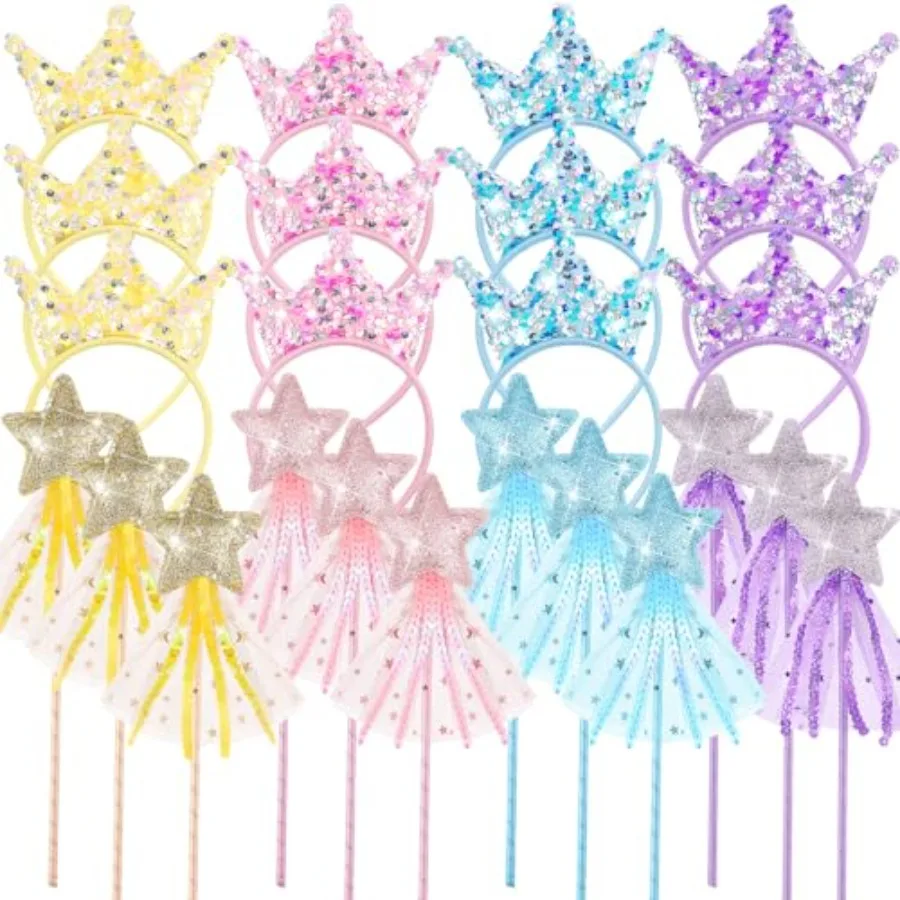 

Набор сувениров для вечеринки в стиле принцесс, включая волшебные палочки с блестками и короны с пайетками для девочек, подарки на день рождения.