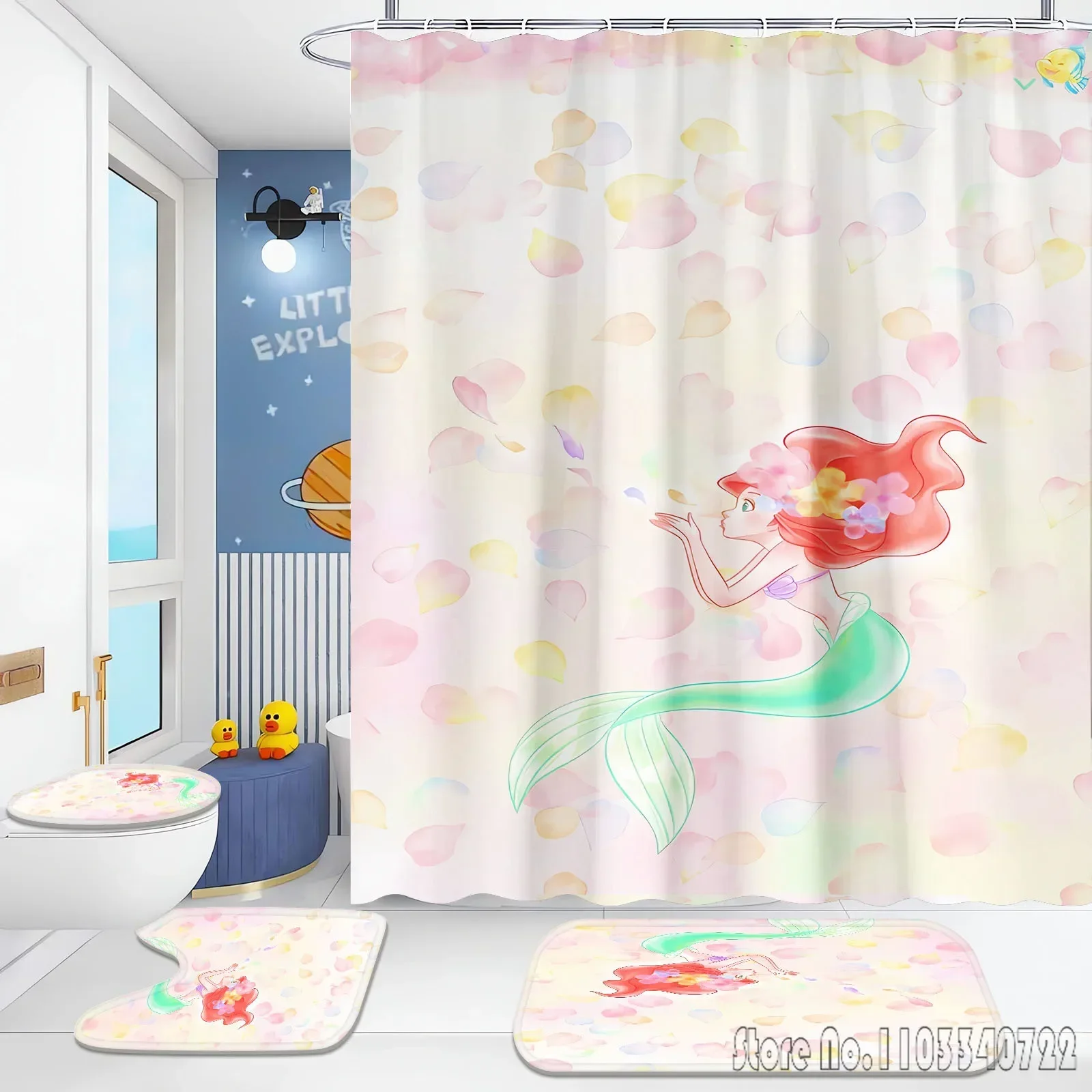 Mermaid Princess Ariel Bathroom Accessories Shower Curtain 4 Piece Set Mats  Anime Waterproof For Curtains Home Cartoon Luxury