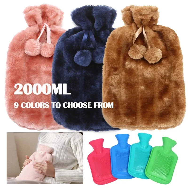 2000ML Hot Water Bottle Thick Water Injection Rubber Soft Plush Hot Water Bag Winter Feet Hand Warmer Bouillotte Warm Bouillotte