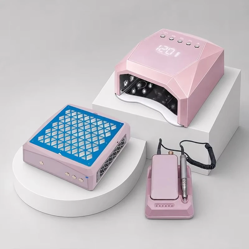 Luxury manicure set: brushless rechargeable nail drill vacuum, electric file, coreless fast-drying LED UV lamp.