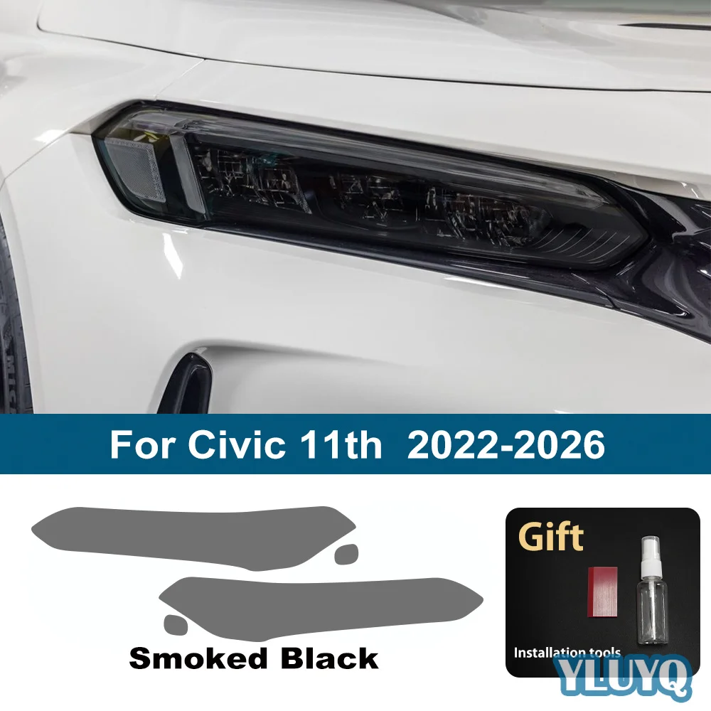 2016-2026 for Honda Civic 10th 11th Smoke Black Car Headlight Protective Film TPU PPF Vinyl Film Pre-cut Anti-Scratch Custom Fit