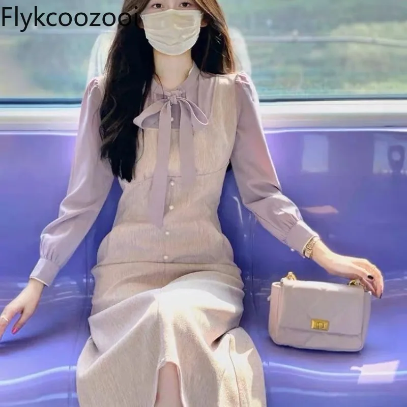 

Fake Two Pieces O-neck Long Sleeve Spliced Dress Women Lace-up Bow Waisted A-line Mid Dress Autumn Lady Elegant Premium Cloth