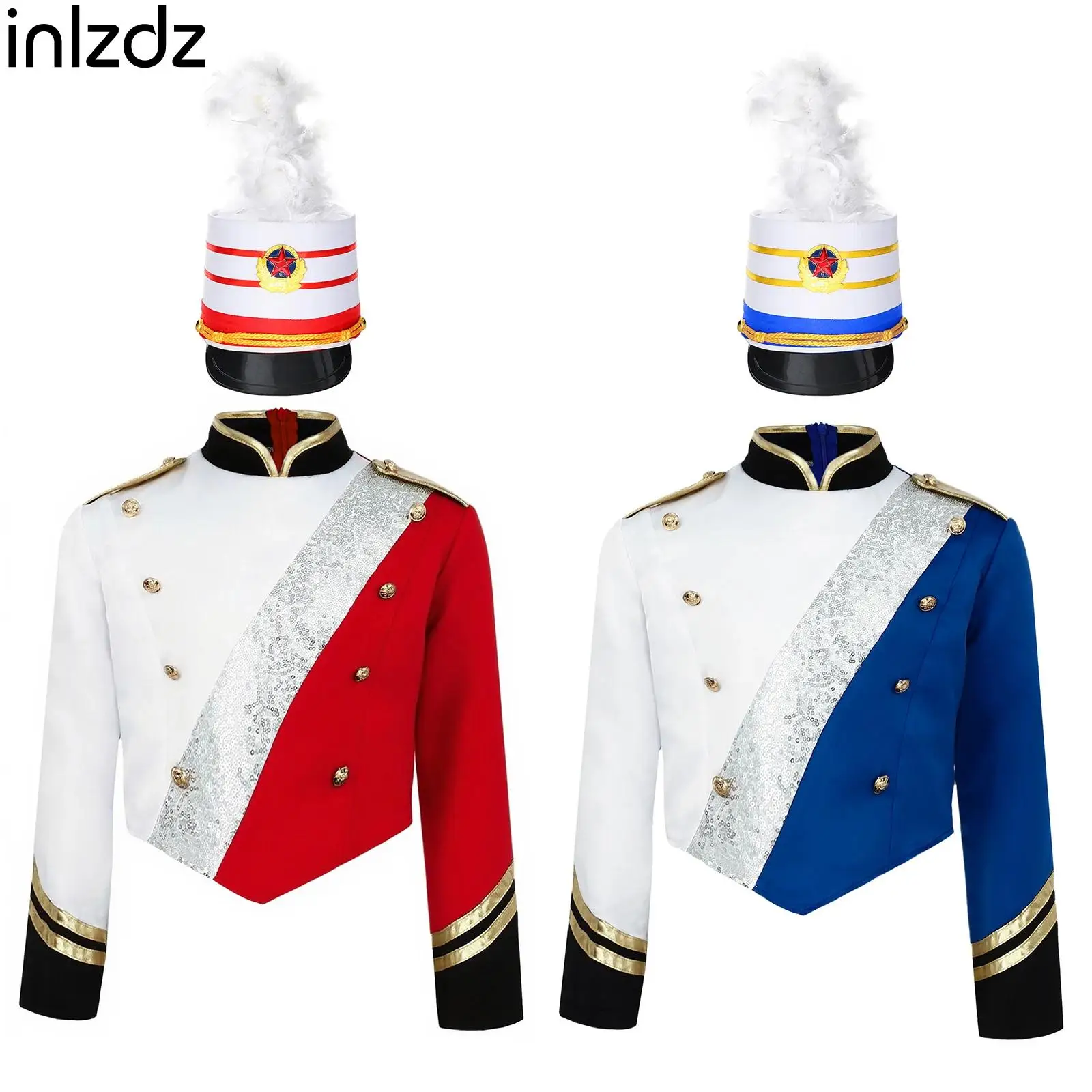 

Boys Drum Major Team Uniform Outfit for Kids Marching Band Costume Long Sleeve Top Hat Outfits for Halloween Drummer Performance