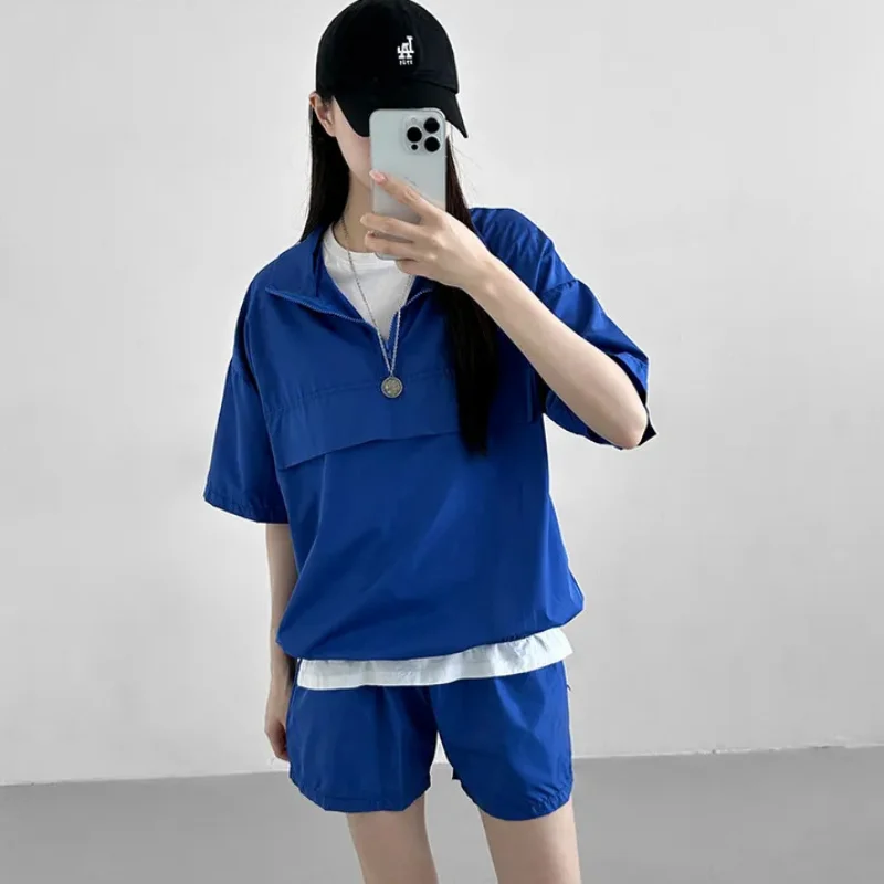 Women Sportswear Sets Female Elastic Waist Solid Color Short Sets2023 Summer Casual Half Sleeve Turn-down Collar Zipper Suits