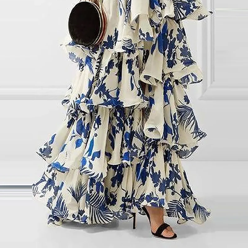 2024 Sexy Halter Blue Floral Print Party Dress Fashion Hollow Sleeveless Beach Long Dress Women Elegant Ruffled Bohemian Dresses