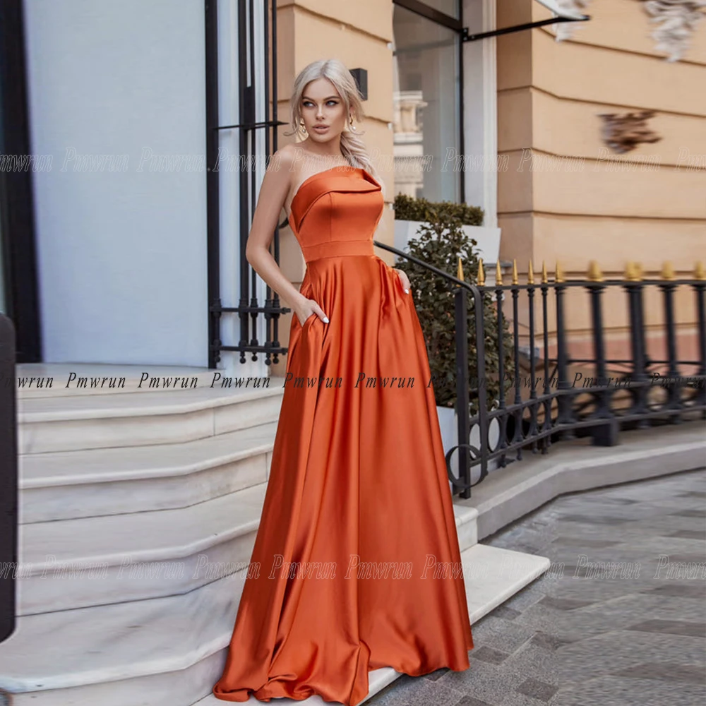 Vestidos de Noche formales sin tirantes para boda, Pocktes de satén con cremallera en la espalda, elegantes vestidos de invitados de fiesta, 2023