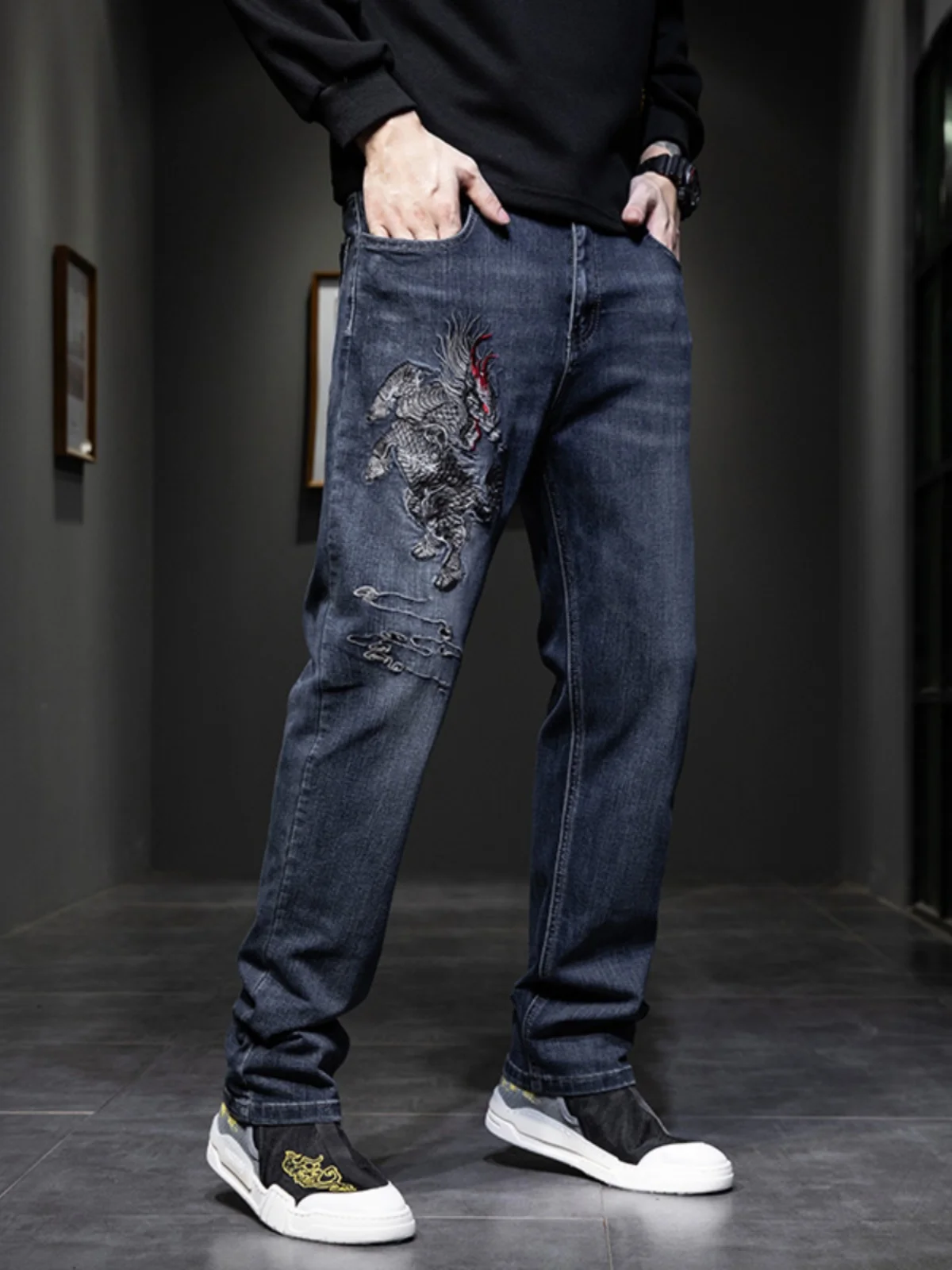 

American Sle Embroidered Jeans Men's Straight Leg Slim Fit Large Size Dad's Sle Autumn Winter New Long Trousers