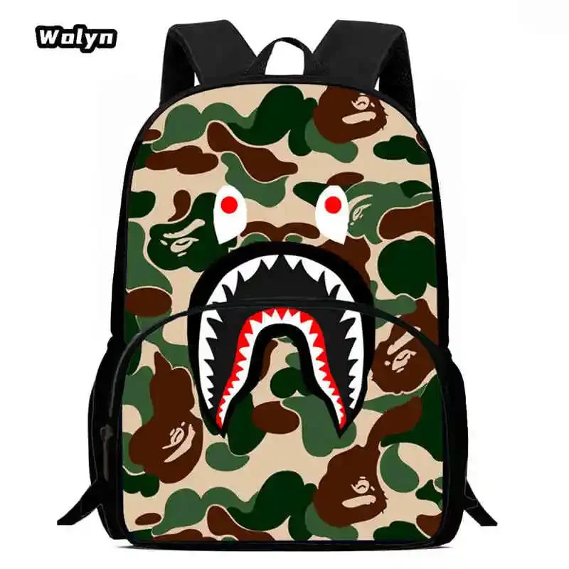 Cartoon Camouflage Shark School Backpack ,Cartoon School Bags for Boys Girls ,Large Capacity Kids Backpack for Grade 1-3