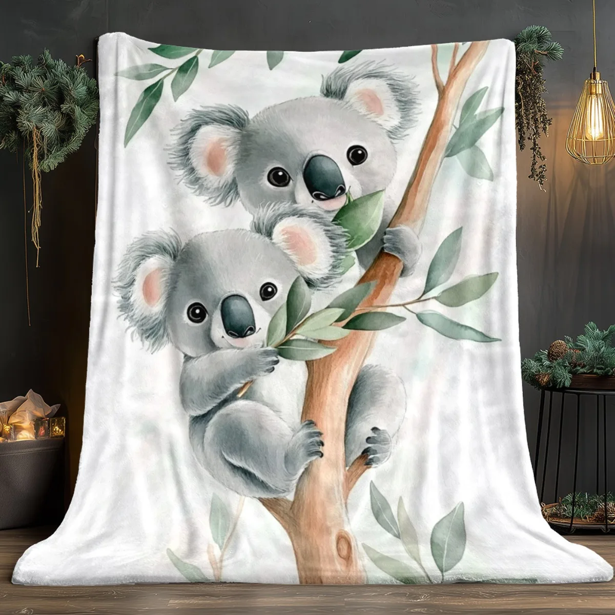 Cute koala bear tree eucalyptus leaves blanket baby animals Australian wildlife soft flannel blanket nursery decor kids bedroom