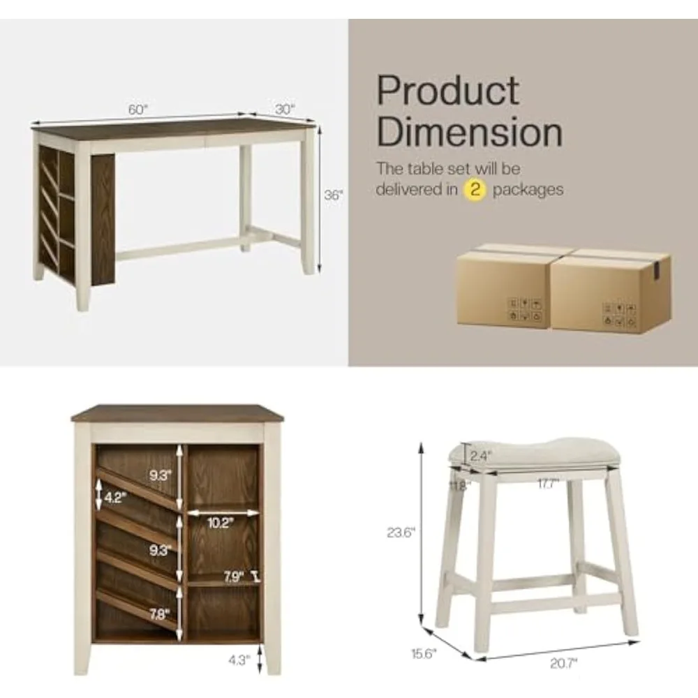 

A Dining Table and Kitchen Table with A 60 Inch Solid Wood Countertop Height, Capable of Accommodating 4 Cushioned Stools