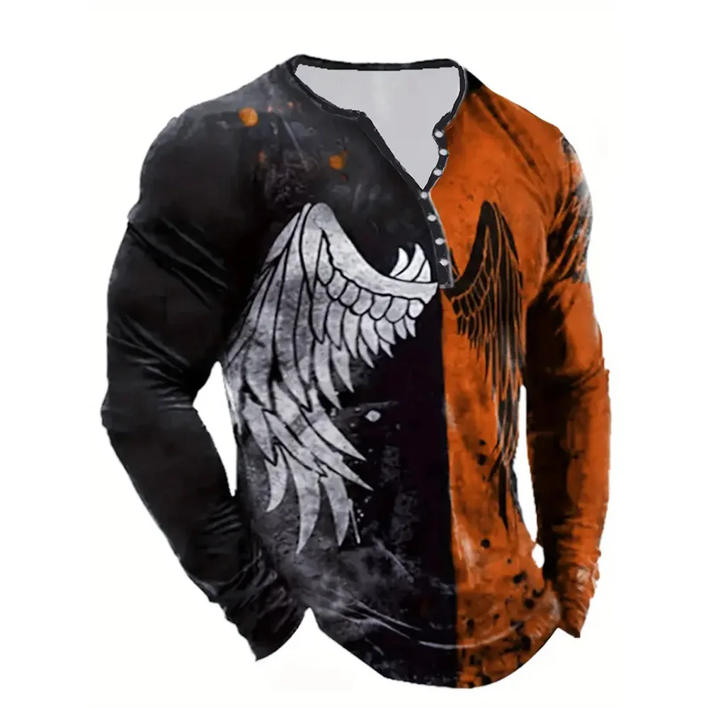 Men's Button V-neck Henry Shirt Breathable And Comfortable Long Sleeved Red And Black Contrasting Wing Pattern 3D Printing Autum