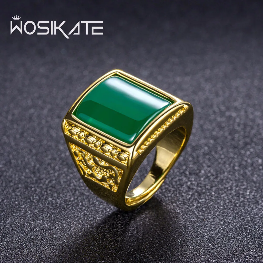 

WOSIKATE Retro Ethnic Style Domineering Green Agate Ring For Men Fashion Jewelry Green Agate Adjustable Simple Finger Ring