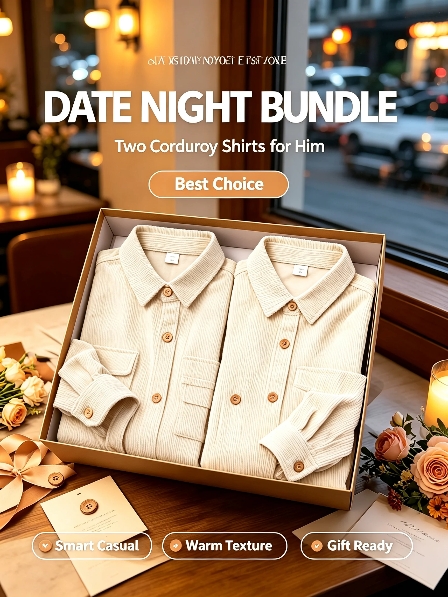 Men's Corduroy Long Sleeve Shirts 2Pcs Gift Box Set Casual Lapel Button Down Relaxed Fit Warm Autumn Tops With Chest Pockets