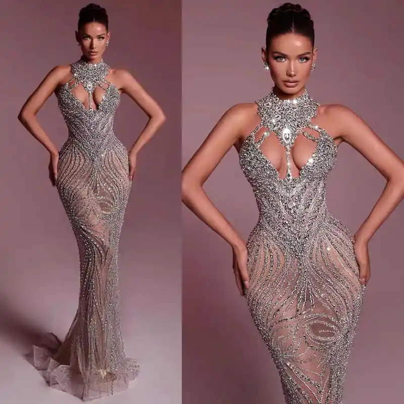 Sexy High Neck Mermaid Prom Dresses Customized Crystal Sequined Lace Party Dresses Beaded Sleeveless Evening Dress