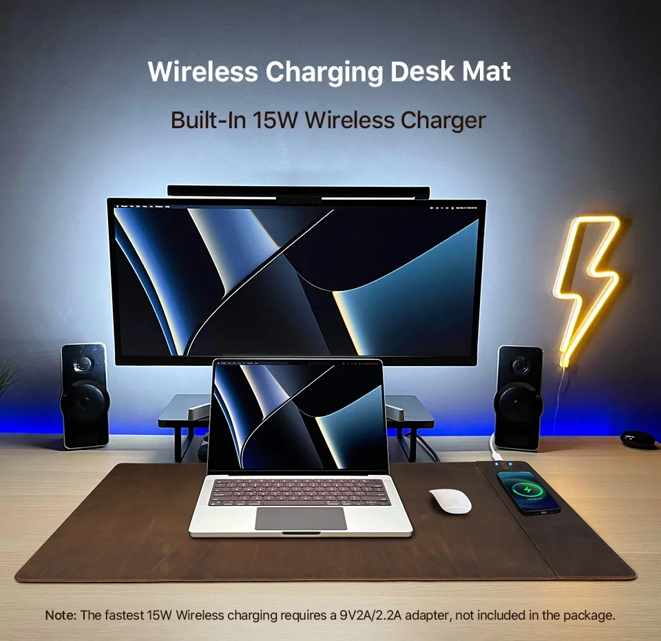 لوحة ماوس مع شواحن سريعة للهاتف بقدرة 15 وات، حصيرة ماوس شحن من الجلد الطبيعي لملحقات المكتب وأجهزة الكمبيوتر المحمولة والكمبيوتر الشخصي #4