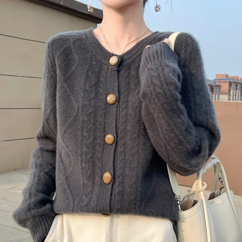 Warm Cashmere Knitwear Tops Autumn Winter New Thick Sweater For Women 100% Merino Wool Cardigan O-Neck Long Sleeve Twist Flower