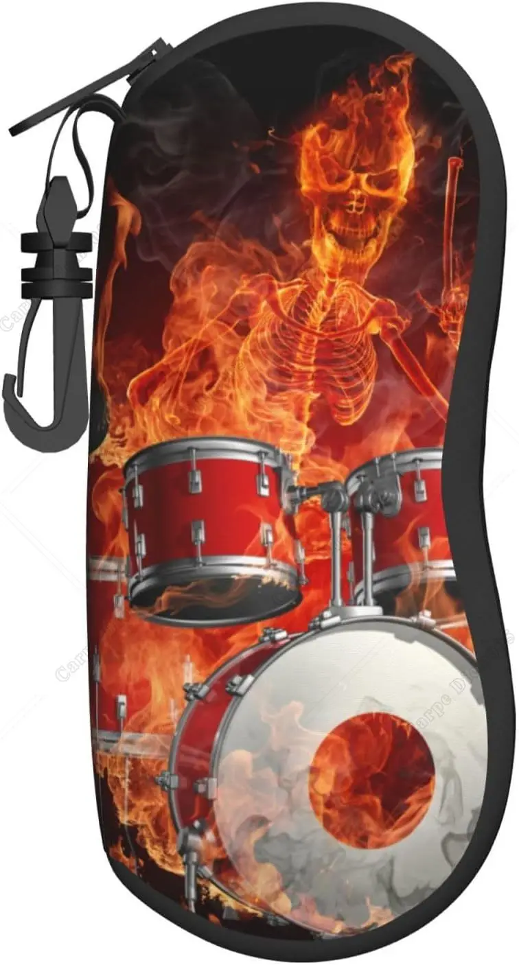 Fire Skull Cool Rock Drum Unisex Sunglasses Soft Case Ultra Light Neoprene Zipper Eyeglass Case with Hook Eyewear Accessories