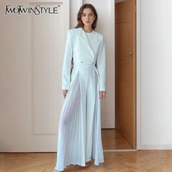 TWOTWINSTYLE Solid Minimalist Two Piece Set For Women Round Neck Long Sleeve Top High Waist Wide Leg Pant Slimming Sets Female