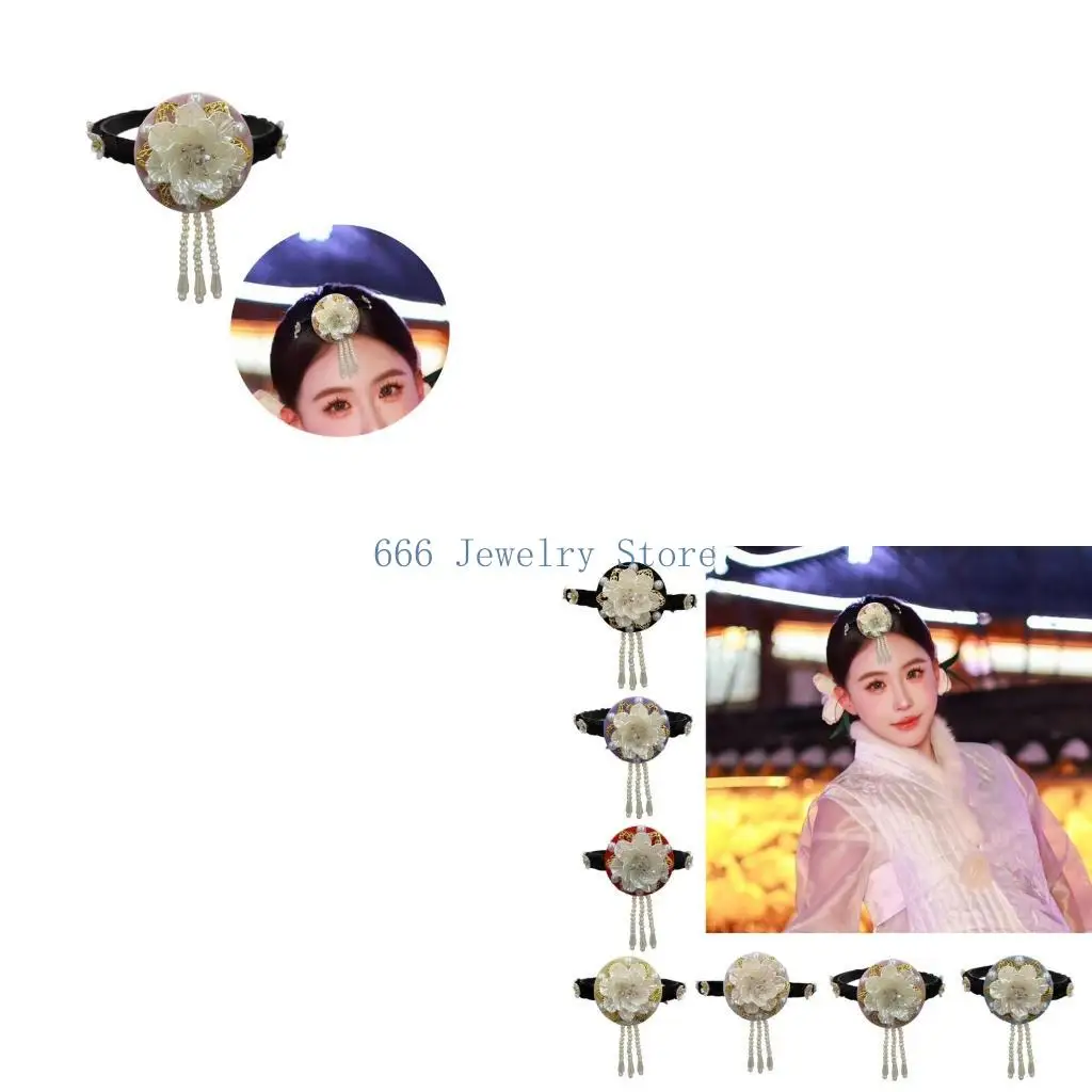 F2TD Satins Pearls Embellished Korean Headwear Headband for Cultural Celebrations