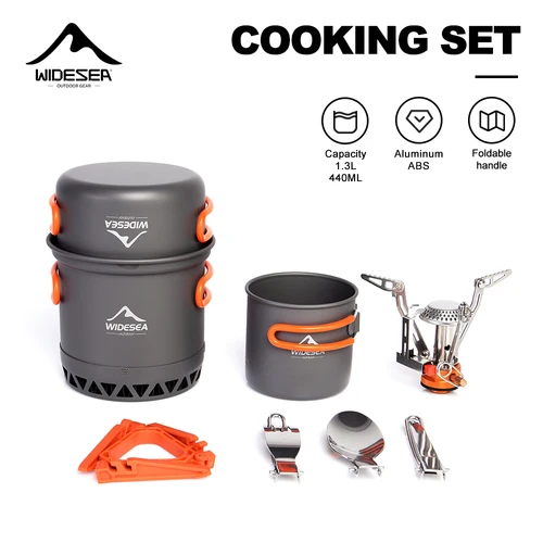 Imagen 1 del producto Widesea-Juego de utensilios de cocina portátiles para acampar, olla de aluminio de 1,3 L, taza de 440ML, juego de cubiertos, soporte para cocina al aire libre, mochila de senderismo