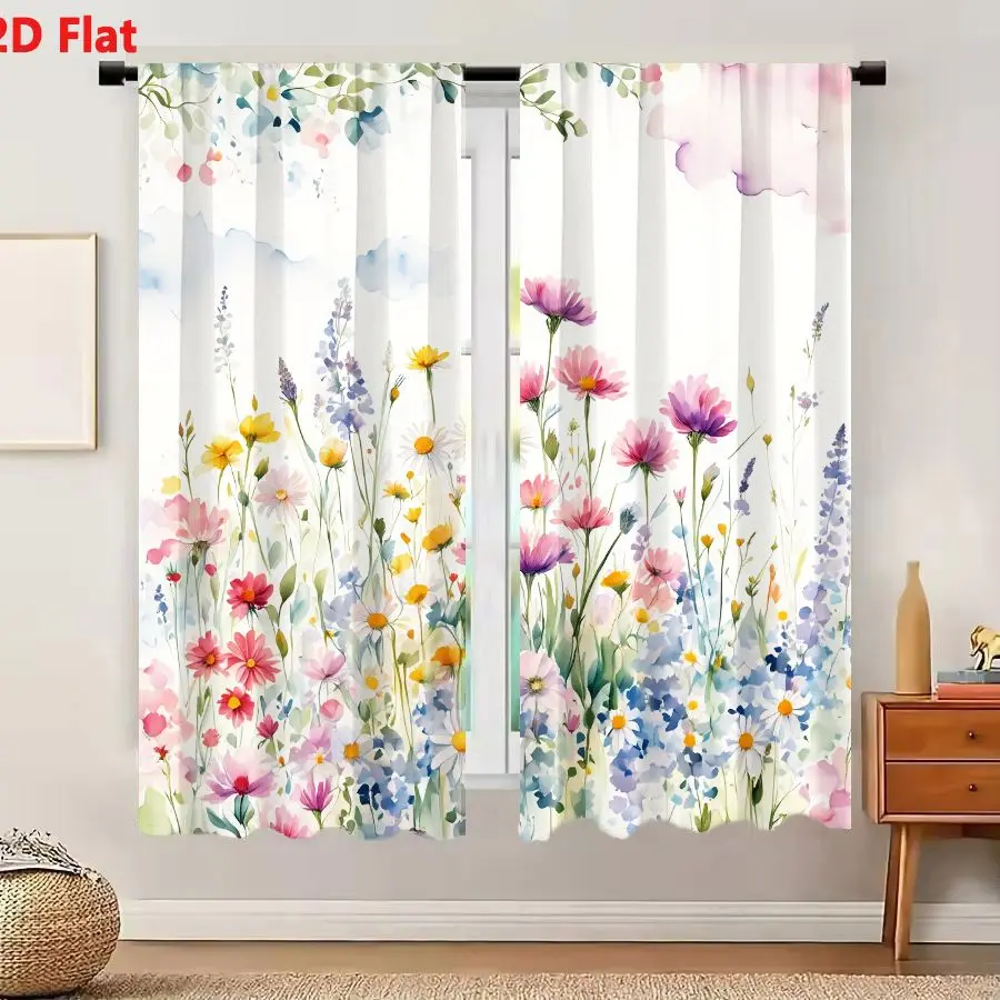 2Pcs Curtains 2D Flat Vibrant Watercolor Wildflower Meadow With Pink Purple Yellow Blue Flowers And Decorative Border Window Dra