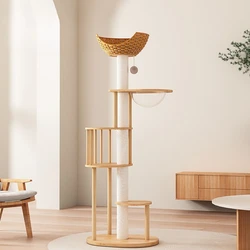 Solid Wood Cat Climbing Frame Cat Nest Cat Tree Scratching Plush Post Space Capsule Rattan Woven Sisal Toy Pet Accessories